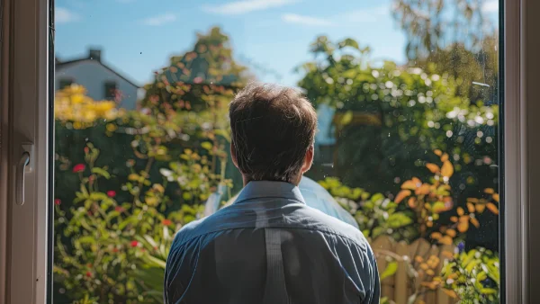 Man with High-Functioning Anxiety Disorder looking out of a window into his garden