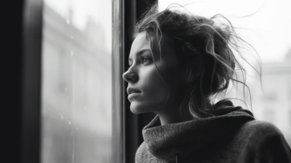 Woman gazing out of a window on a grey rainy day.