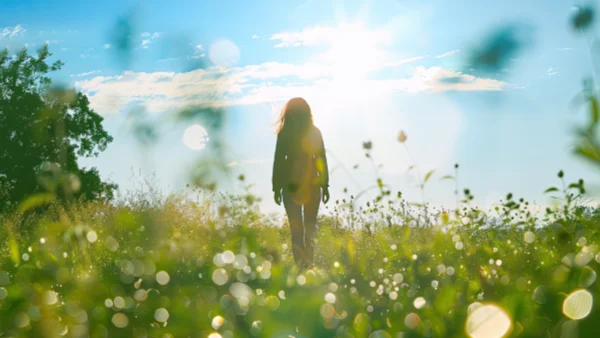 Woman walking through a meadow on a beautiful summer day