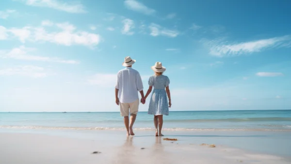 Happy couple walking on a beautiful beach holding hands.
