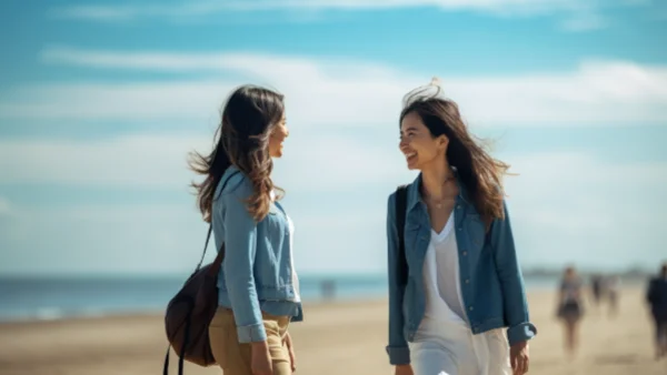 Two women excited to see each other chatting on a beach.