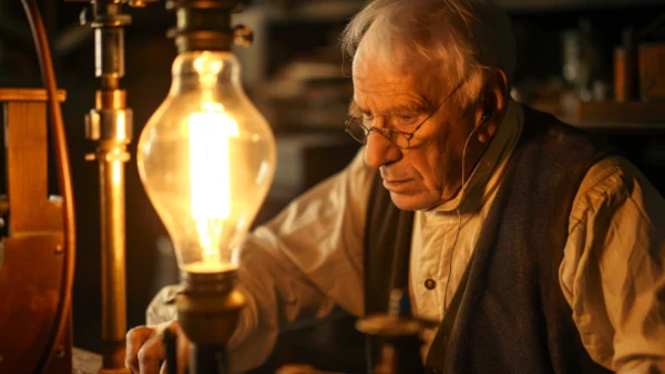 Thomas Edison in his workshop failing 1000 times before successfully inventing the light bulb.