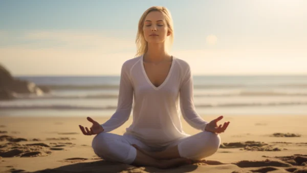 Woman sitting on a beautiful beach meditating.