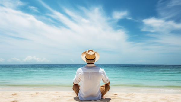 Man sitting on a beautiful beach relaxing.