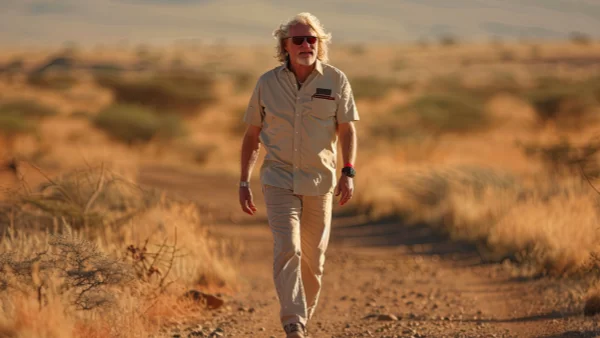 Richard Branson walking along a desert road