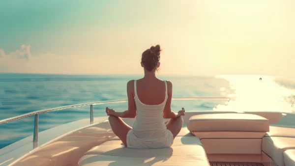 Woman meditating at sea on a luxury yacht