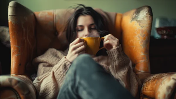 Woman relaxing in an armchair enjoying a hot drink
