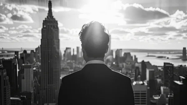 Successful man overlooking New York City from his penthouse apartment.